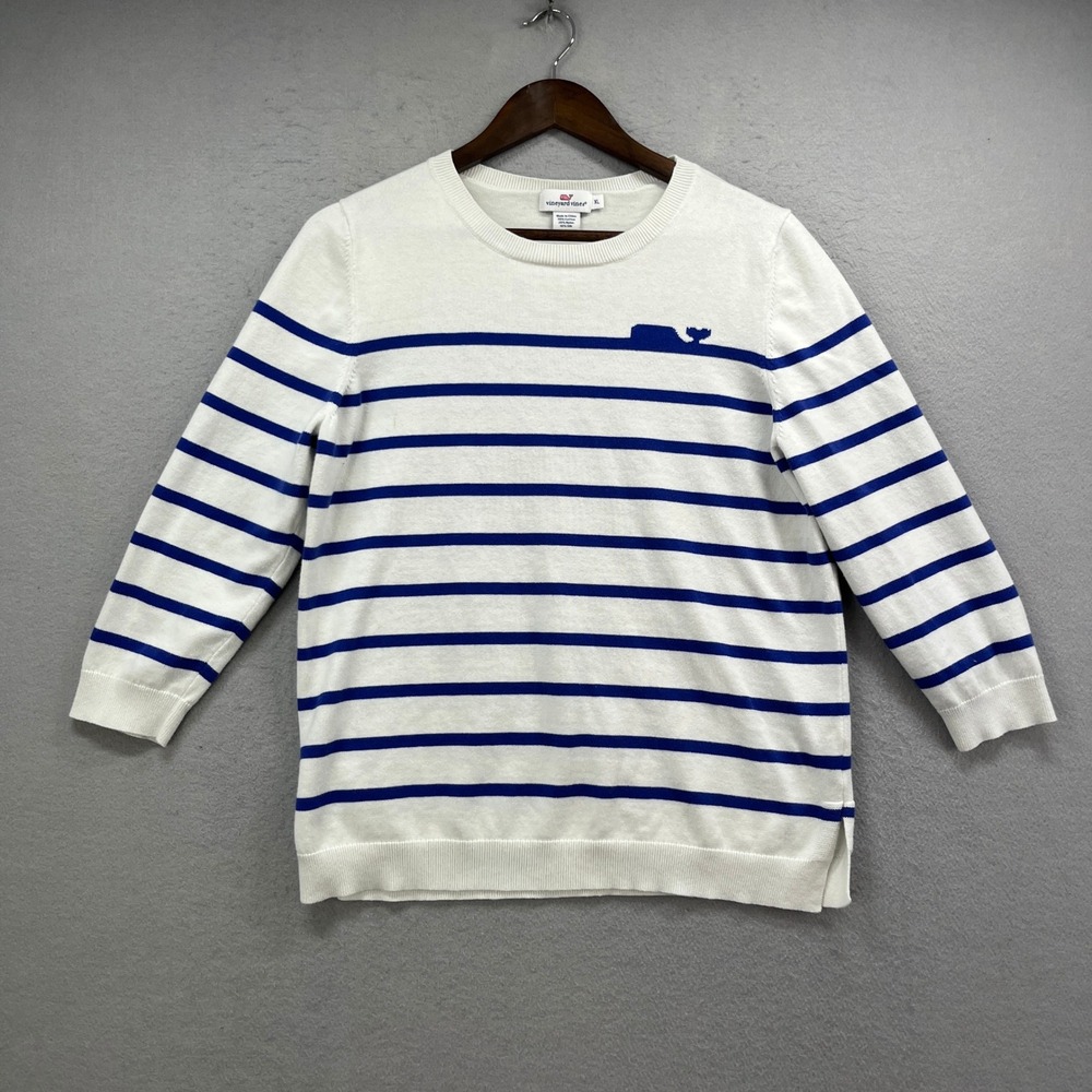Vineyard Vines Sweater Womens XL Ivory Blue Stripe Cotton Silk Nautical Preppy